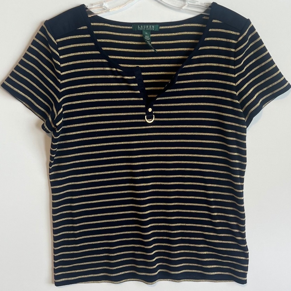 Lauren Ralph Lauren Navy Gold Metallic Striped Short Sleeve Top XL